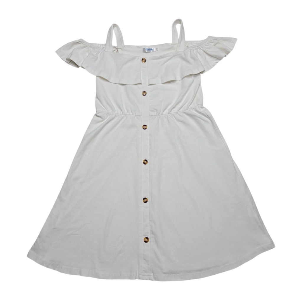 Greatchy Dress Girls L 10-12 White Cold Shoulder Ruffle Button Front Cottagecore